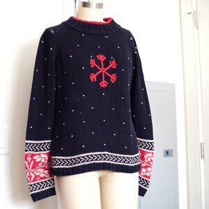 Vintage Hampton Isles by Jacs Snowflake Knit Cotton Navy Sweater - Size Medium